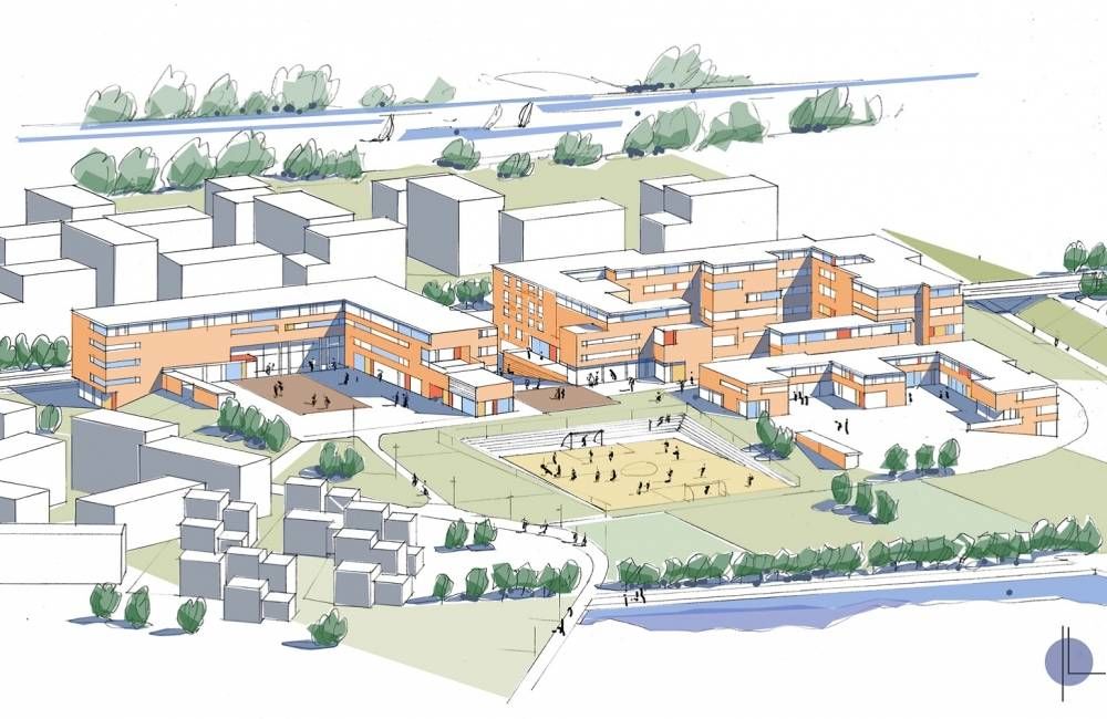 Illustrasjon fra reguleringsplanen. I forkant barnehage, til venstre skole og lengst til høyre bo-og behandlingssenter Illustrasjon fra reguleringsplanen. I forkant barnehage, til venstre skole og lengst til høyre bo-og behandlingssenter